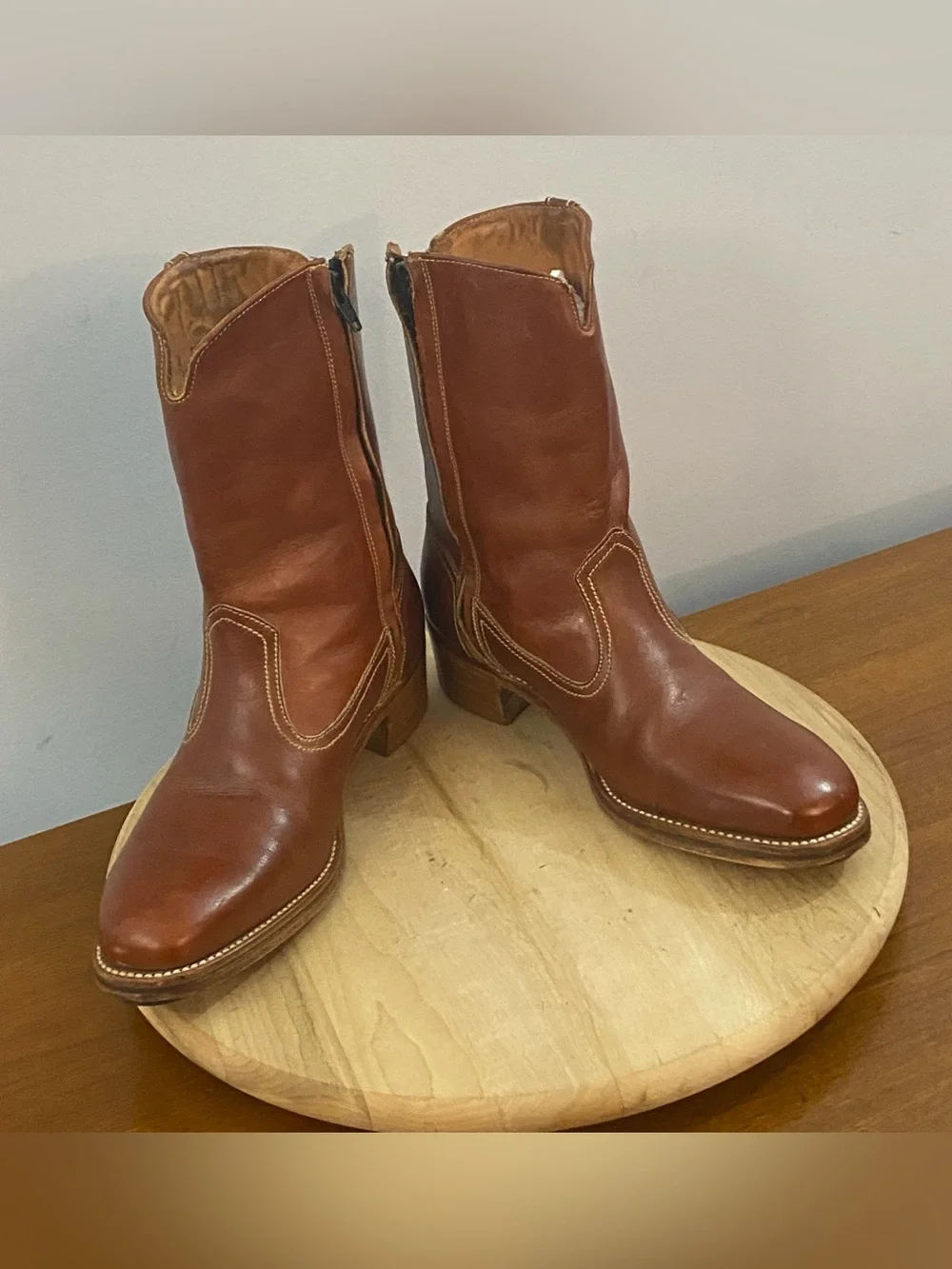 Florsheim Weeds Vintage 70s Brown Leather Cowboy Roper Boots Men’s 8 D‎ Side Zip